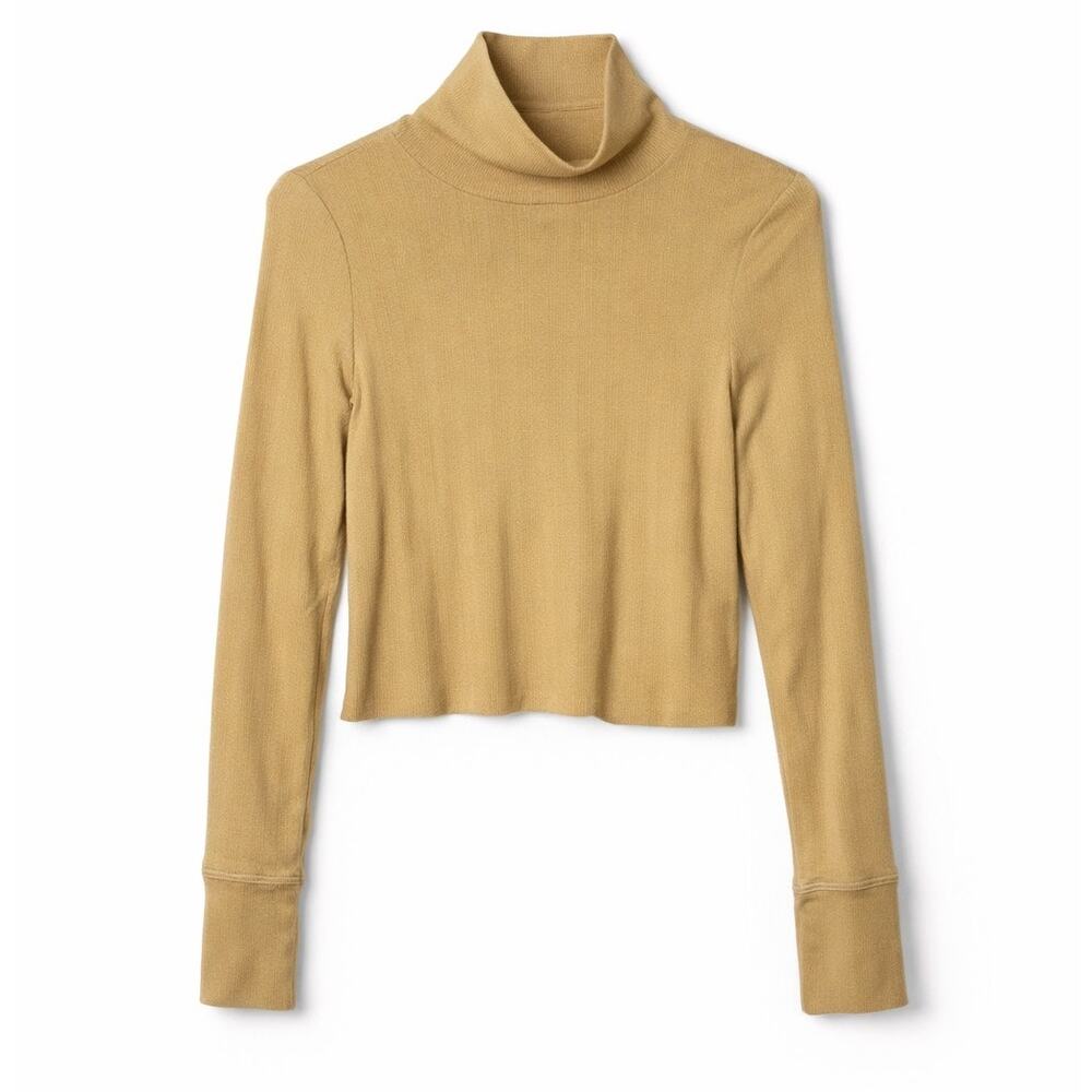 American Eagle Tan Ribbed Mock Neck Long Sleeve Top Cropped Fit Size Size Small